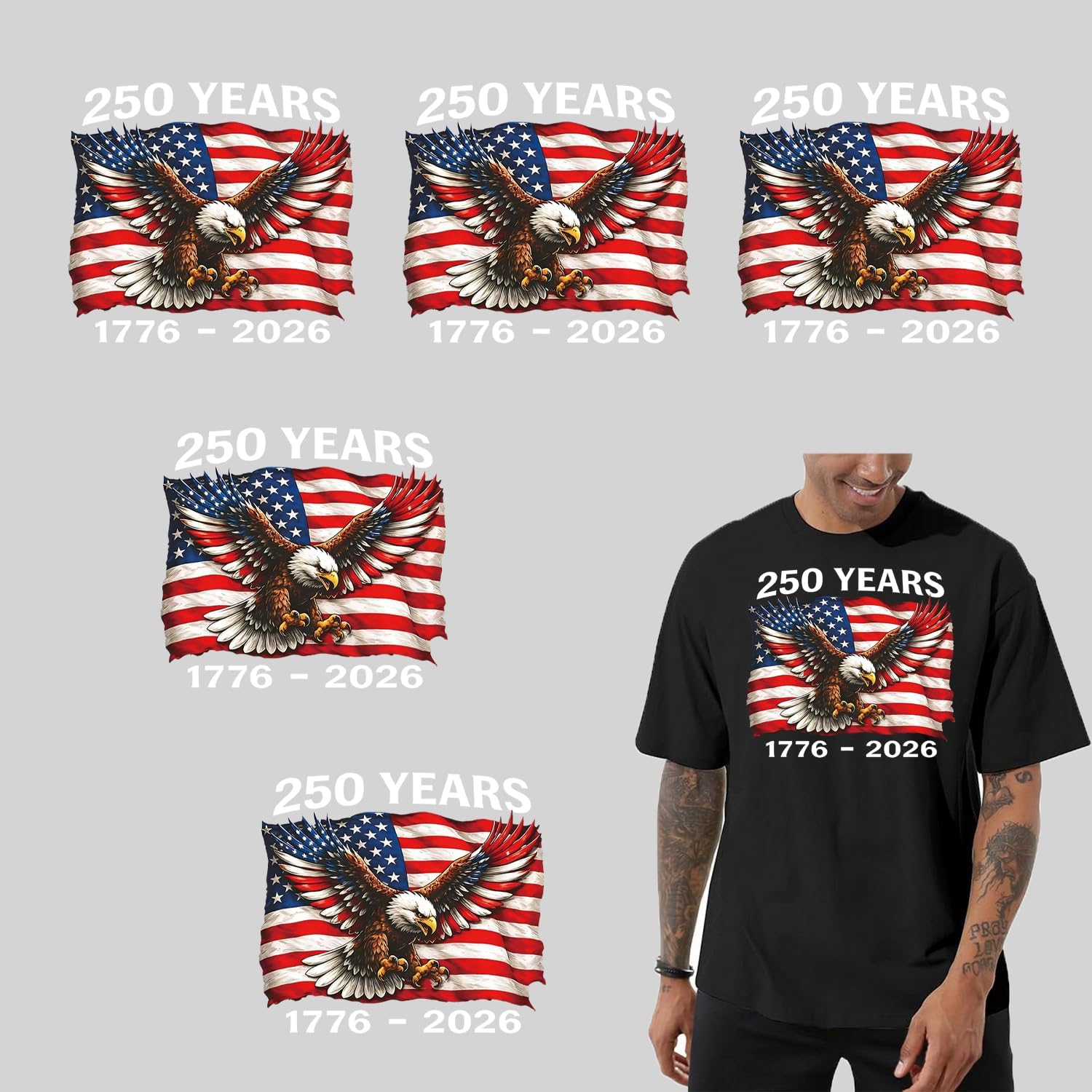 6 Pcs 250 Years of America Iron on Transfers Patriotic Eagle Flag Heat Transfer Decals 1776-2026 Independence Day Appliques for DIY T Shirts Bags Hoodies Clothing Crafts