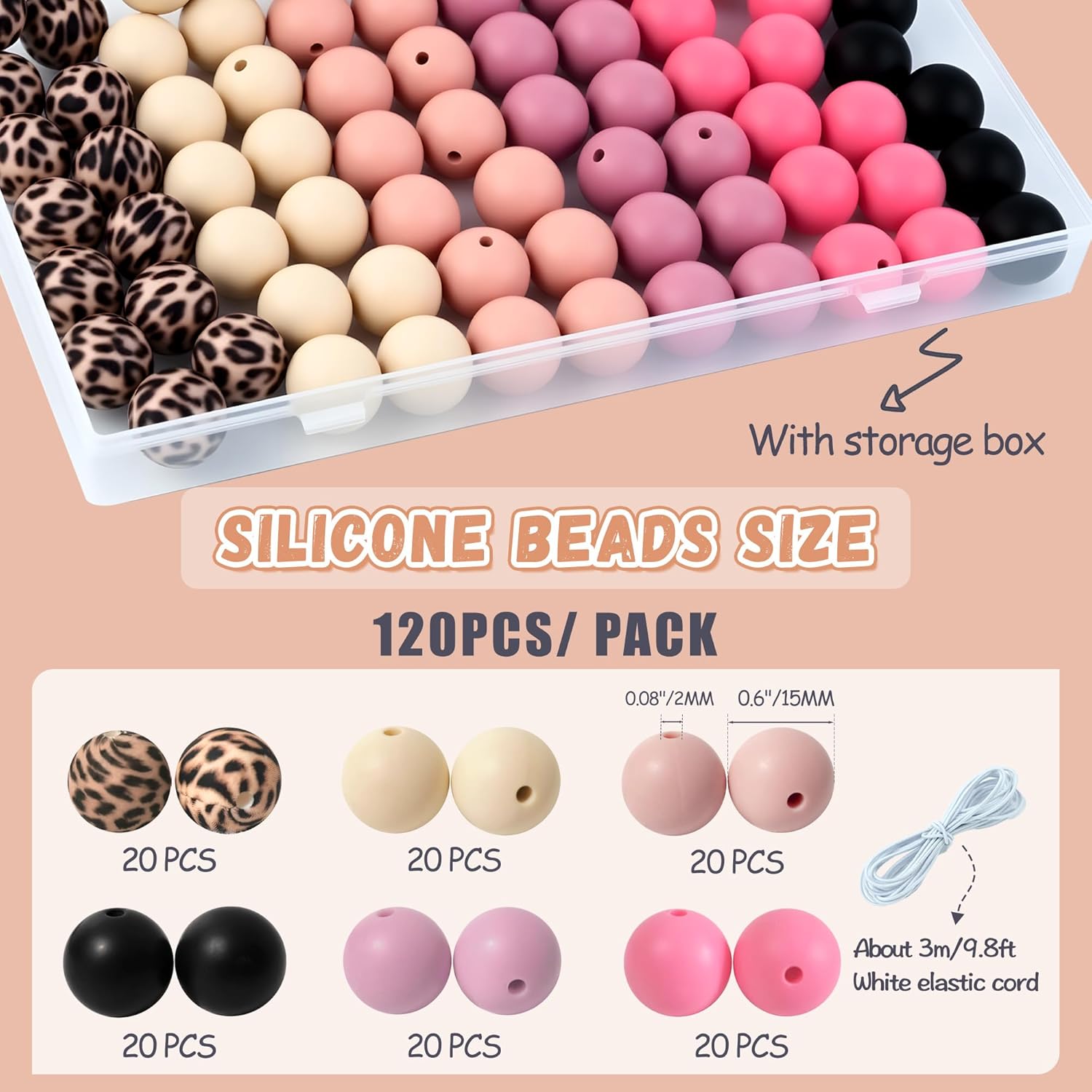 120 Pcs 15mm Silicone Beads for Keychain Making Bracelets Pink Black Leopard Print 6 Mixed Colors Silicone Round Beads Bulk for Crafts Pens Making - Image 2