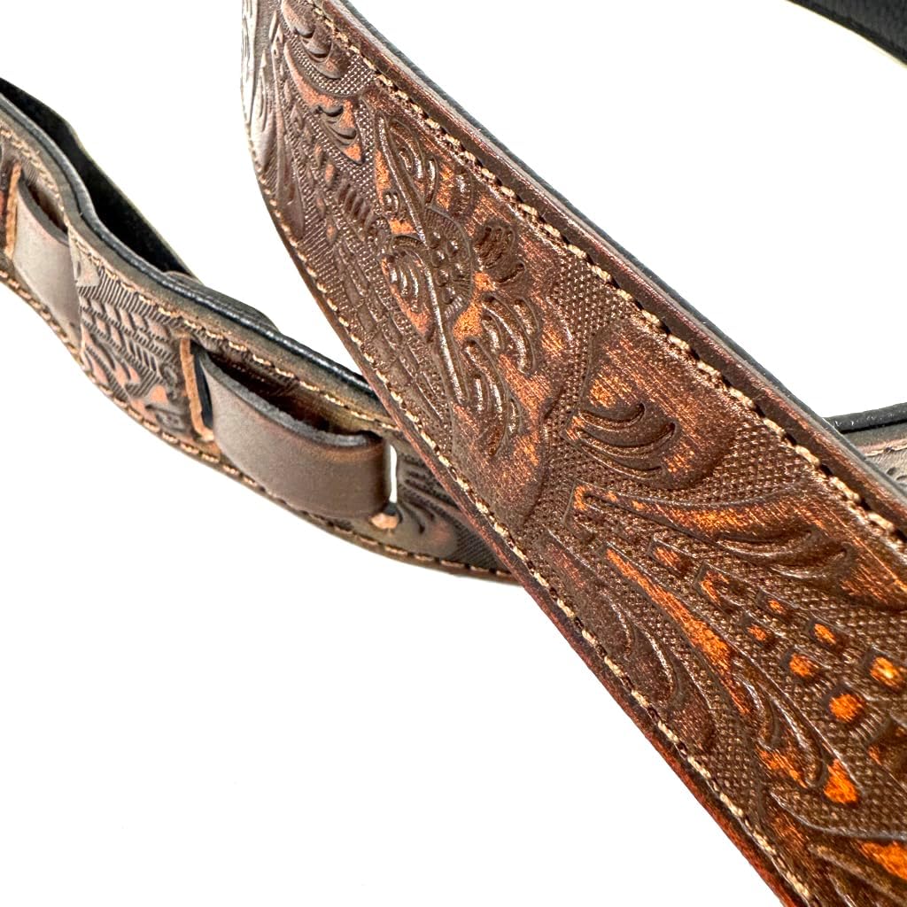 Walker And Williams M-22-BRN Bourbon Brown Leather Premium Padded Mandolin Strap With Live Oak Design, For Mandola, Bouzouki or Ukulele. For F And A Type Mandolins