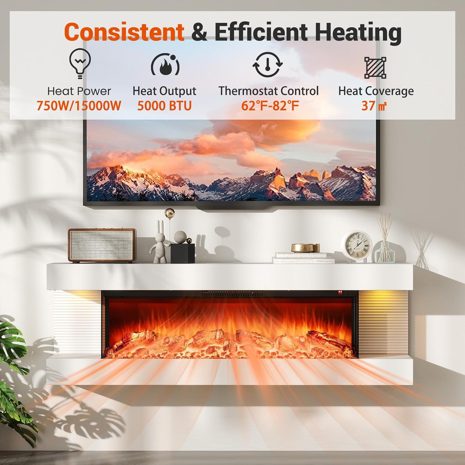 ORALNER 36-Inch Wall Mount Electric Fireplace with 50-Inch Floating Mantel, Remote, 3 Sided Electric Fireplace, 12 Adjustable Color Effect, 1500W Heater, White (50-INCH)