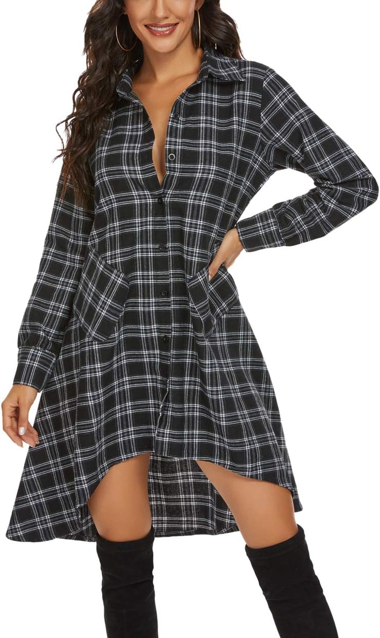 olrain Womens Plaids V Neck Long Sleeve Irregular Hem Casual Shirt Dress - Image 2