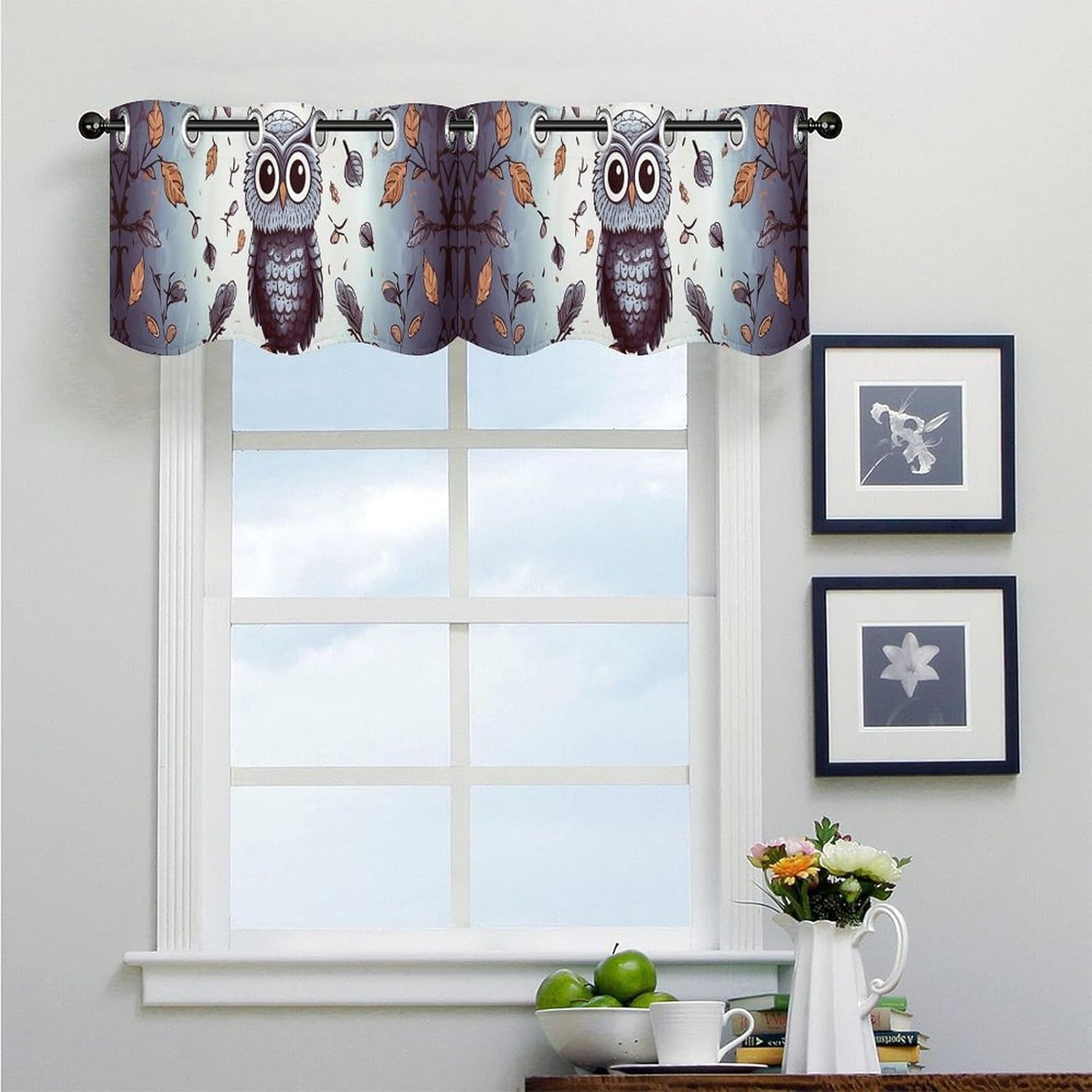Owl Tree Branches Valance for Windows, 2 Pack Kitchen Curtains Modern Home Decor, Soft Blackout Window Curtains for Living Room & Bedroom, 18 X 52 Inch