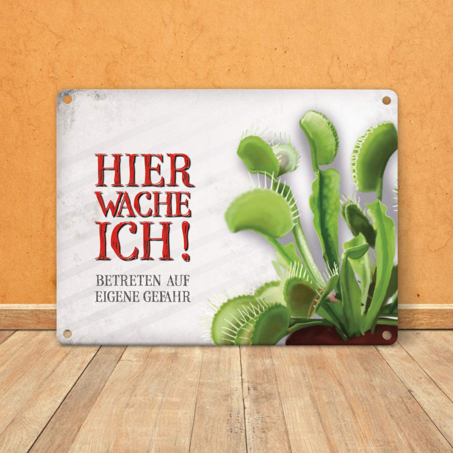 Metallschild XL Mit Venusfliegenfalle Motiv – Humorvolles Warnschild „Betreten Auf Eigene Gefahr“