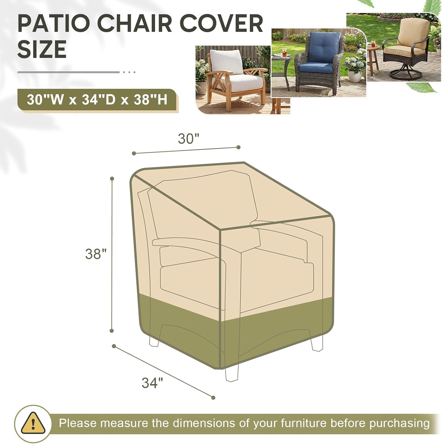 COWVIE Outdoor Chair Cover for Lawn Chair, Dining Chair, Rocking Chair and Deck Deep Seat, 600D Waterproof Oxford Cover with Reflective Handles and Attached Storage Bag, 30''W x 34''D x 38''H