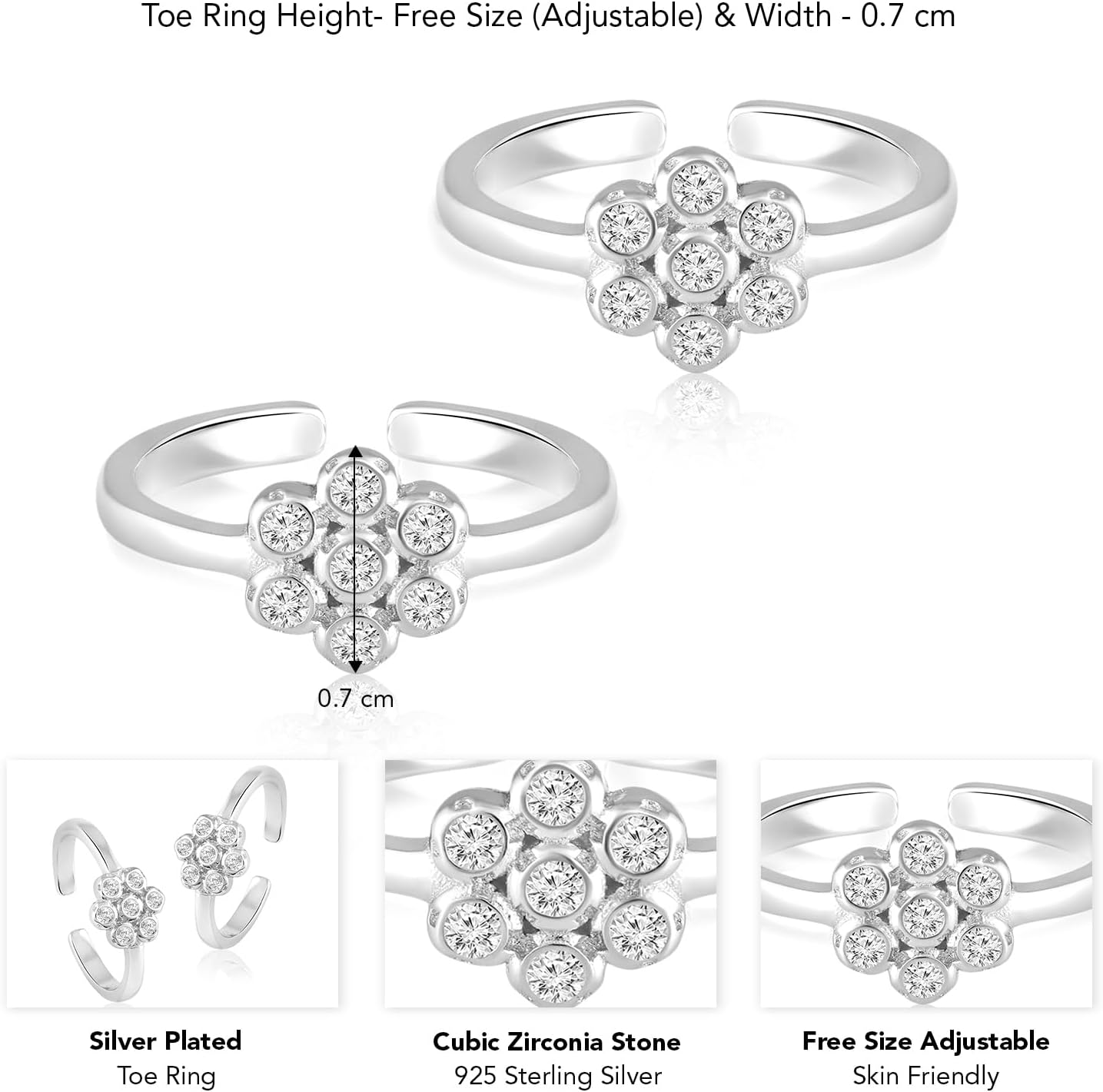 Aheli Cubic Zirconia Studded 925 Sterling Silver Adjustable Floral Style Toe Ring Fashion Jewellery Gift for Women