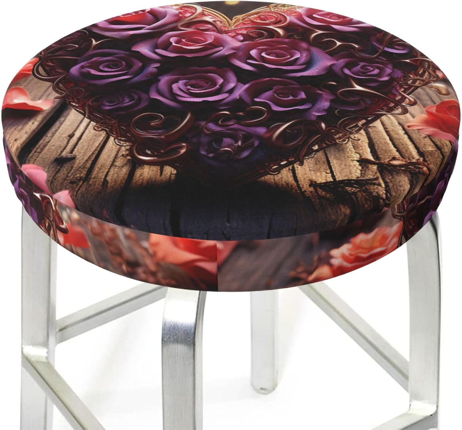 Bar Stool Cover Round Elastic Stool Cushion Covers Rose Heart Love Bar Chair Cover Washable Stool Cushion Slipcover Stretch Stool Seat Covers for 12-14 Inch Chair