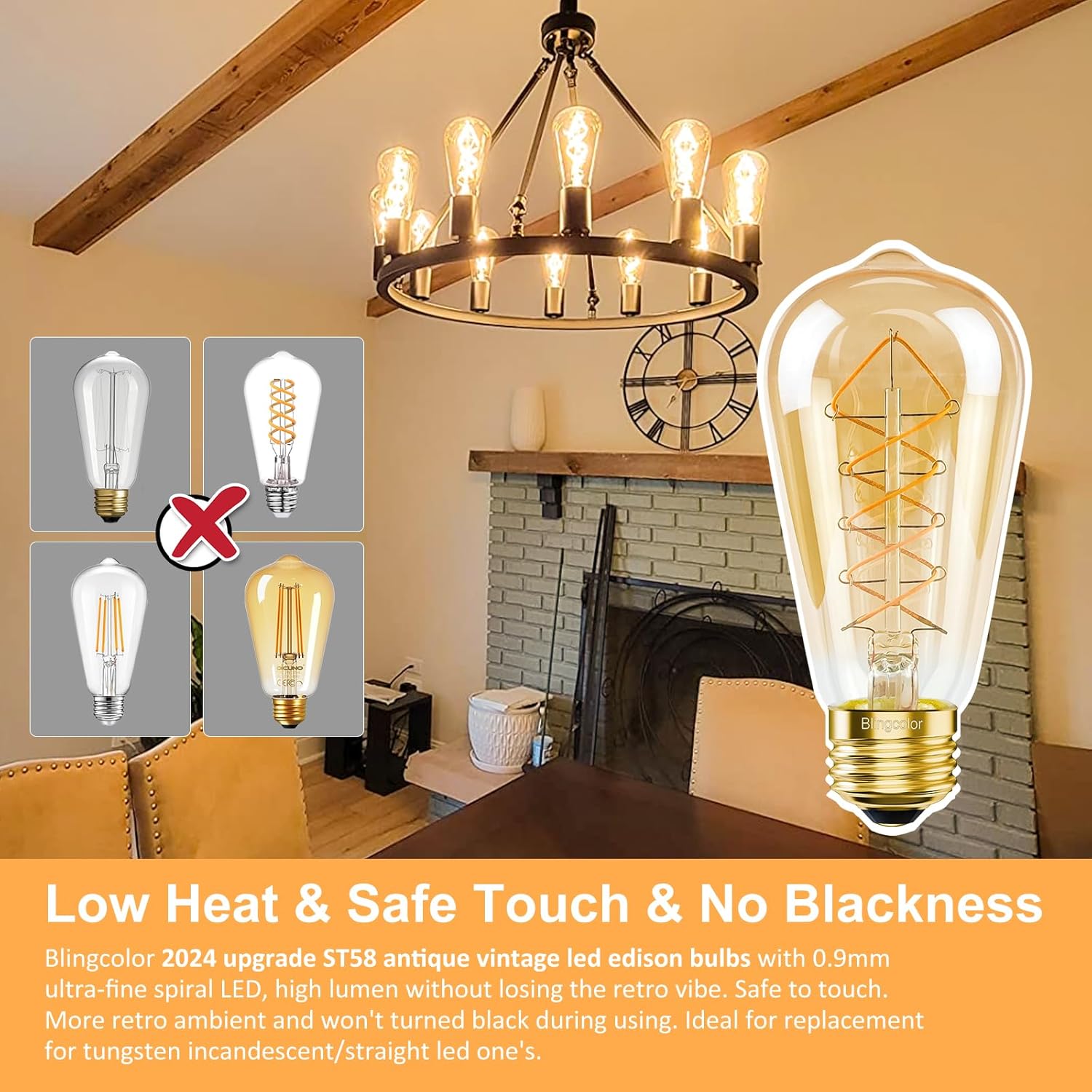 Dimmable E26 LED Edison Bulbs 60 Watt Equivalent, 6W LED Vintage Edison Amber Warm Light Bulbs 2200K, 4 Pack ST58 Antique Decorative Light Bulbs for Farmhouse, Industrial, Modern Light fixtures, CRI90
