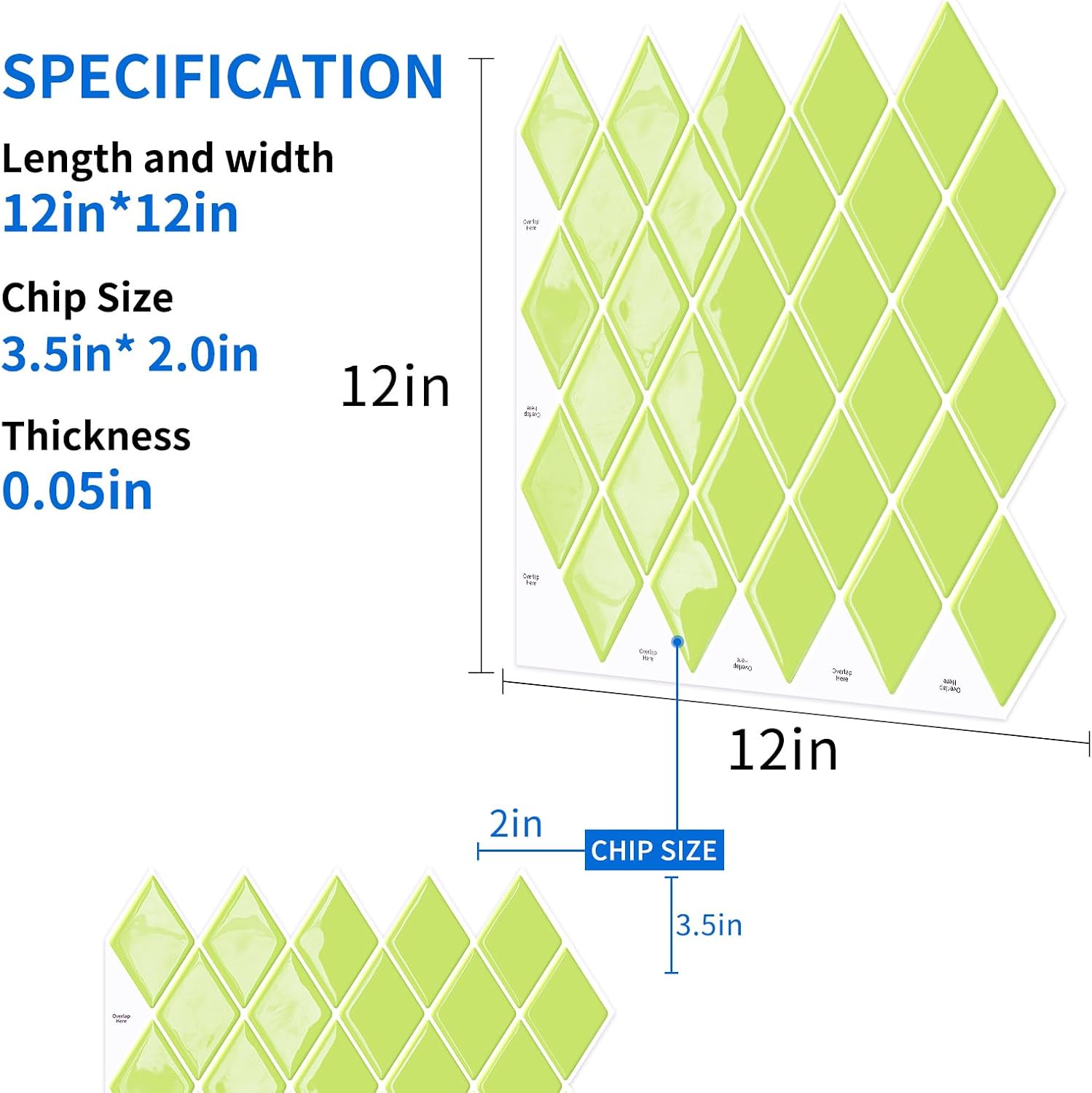 Peel and Stick Backsplash Diamond Pattern Stick on Backsplash Adhesive Tile for Kitchen Bathroom Accent Wall 12"x12", Lime Green - 5 Sheets