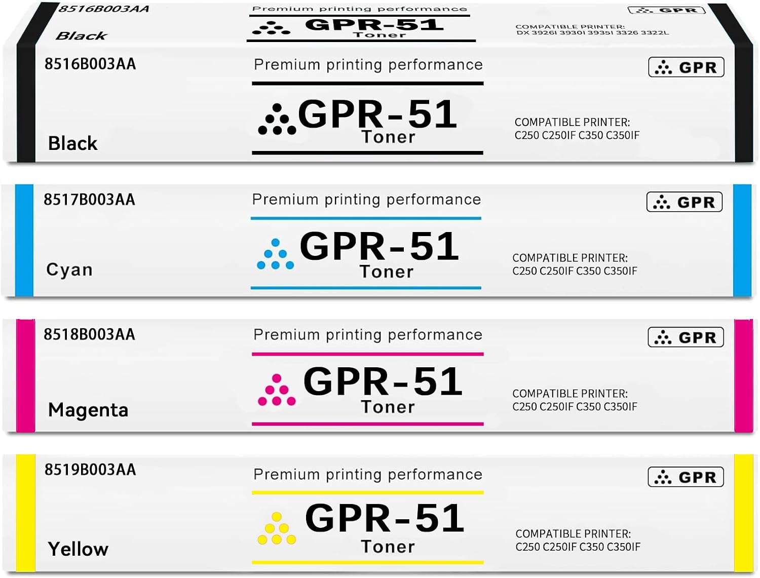 High Yield GPR-51 GPR51 Toner Cartridge with New Chip Compatible for Canon 8516B003AA 8517B003AA 8518B003AA 8519B003AA for ImageRunner Advance C250if C255if C350if C350p C355if Color Laser Printer