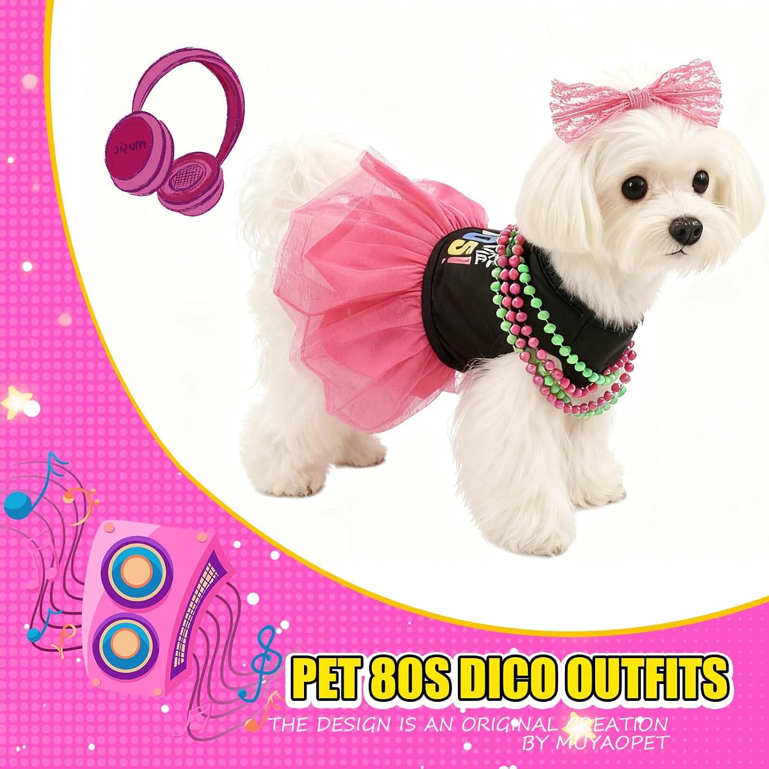 3 Packs Halloween Dog I Love 80s Dress Pet Disco Costume Outfit,S | Dog Dress with Dog Hair Bow and Dog Necklace;Summer Dress Tutu Skirt for Cat and Small Dog;Poodle Bulldog Chihuahua Yorkie