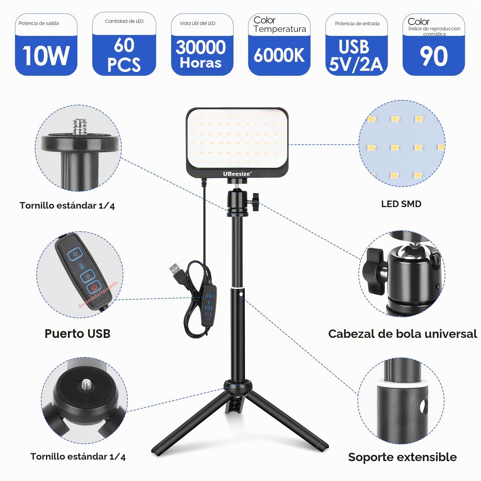 UBeesize Foco Fotografia, 2piezas Kit de Luz LED de Video Iluminación Continua Regulable de 6000K con Trípode y Filtros de Color Focos para Grabación de Video, Disparo