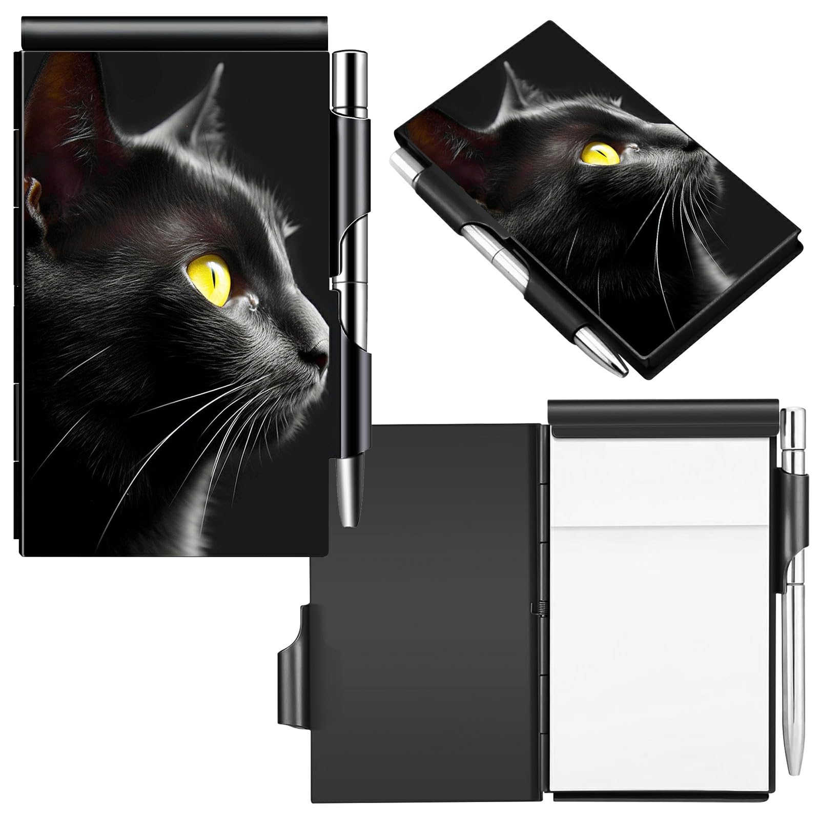 Small notebook metal flip memo pad holder pocket notebook cover black cat 8