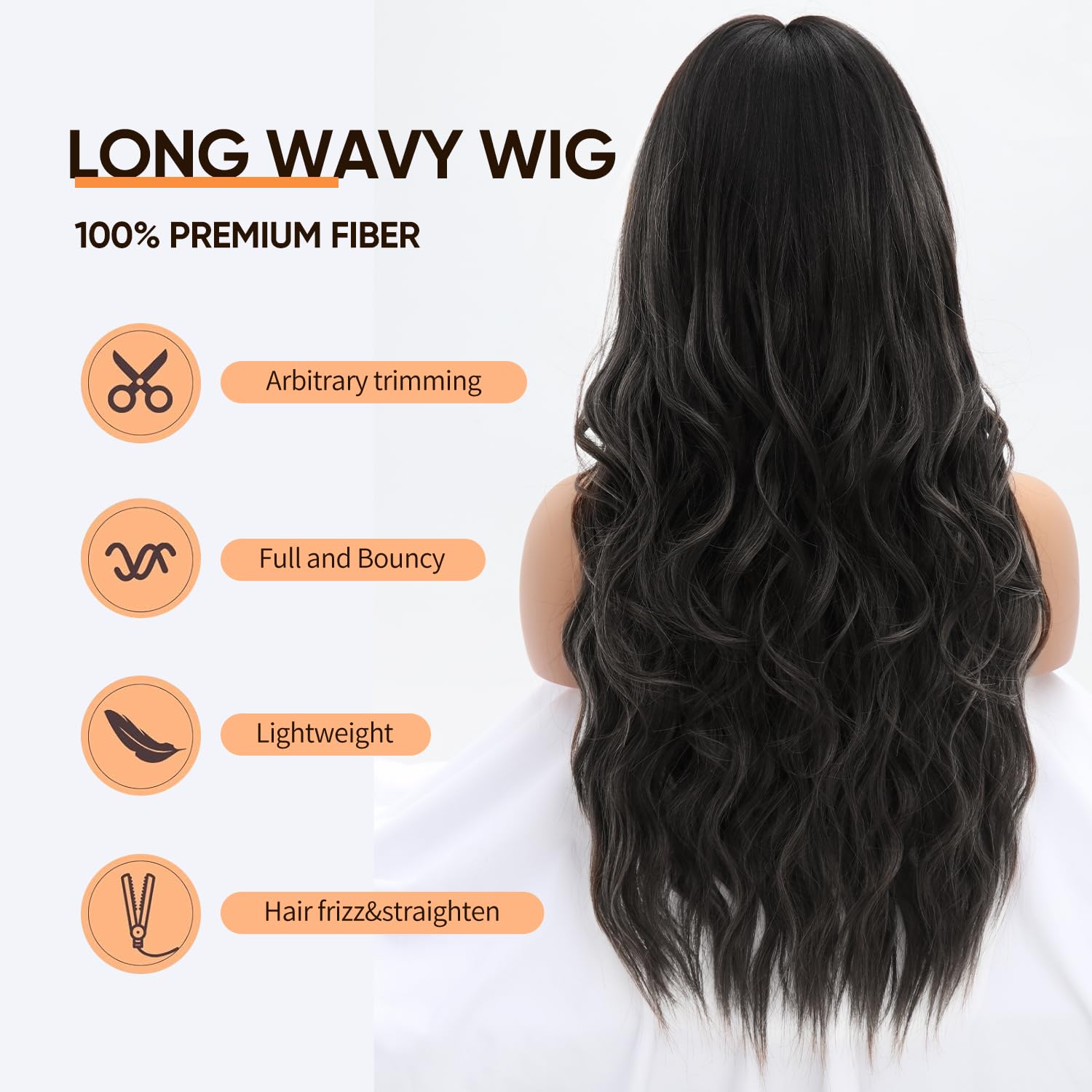 Long Wavy Black Wig with Bangs for Women Ladies Water Wave Natural Looking Synthetic Hair Wigs With Fringe for Female Carnival Cosplay Costume Anime Fancy Dress Party Daily Use(26inch)