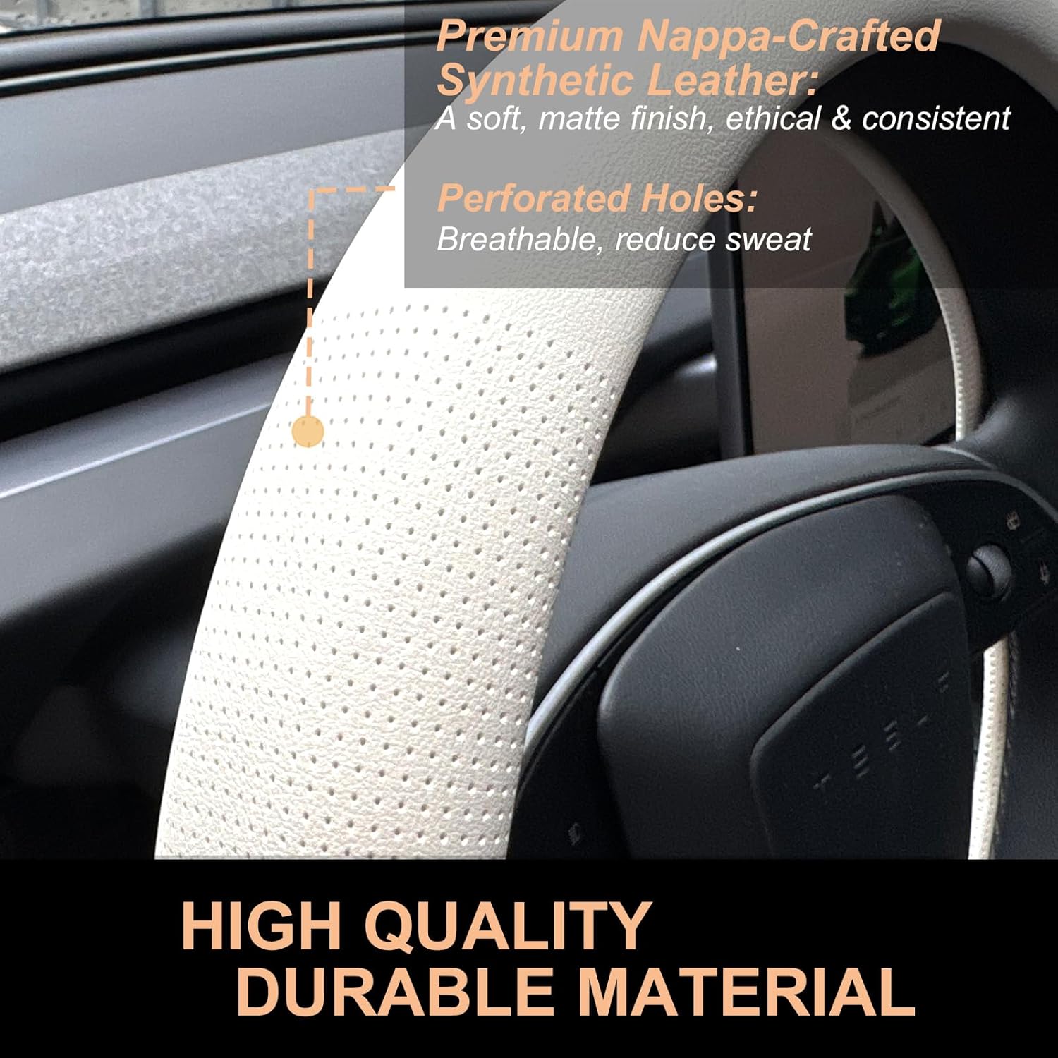 PINCTROT Nappa Leather Steering Wheel Cover for Tesla Model Y/3 Highland/Juniper, D Shaped 14 Inch Small Sized with Breathable Perforation, Fit Like Gloves, Flat Bottom 14 Inch(Nappa White) - Image 3
