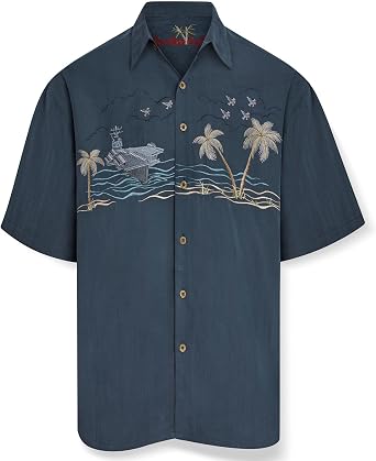 Bamboo Cay Mens Short Sleeve Almighty Navy Aircraft Carrier Tropical Embroidered Hawaiian Button Down Camp Shirt