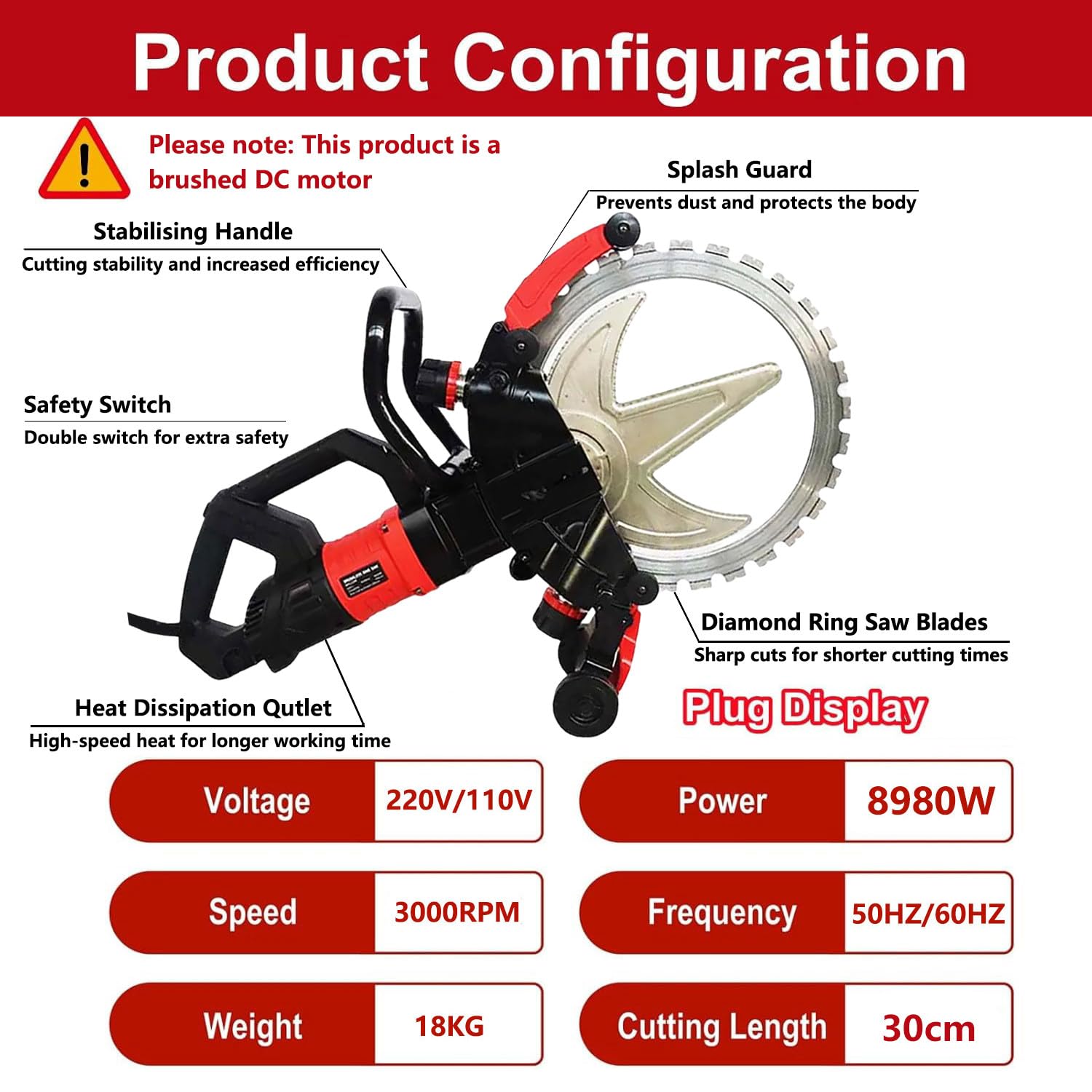 Sierra Eléctrica para Hormigón de 8980 W para hormigón húmedo/seco, Motor de Cobre Puro, Corte Profundo de 30 cm, con supresión de Polvo con alimentación de Agua.,1blade