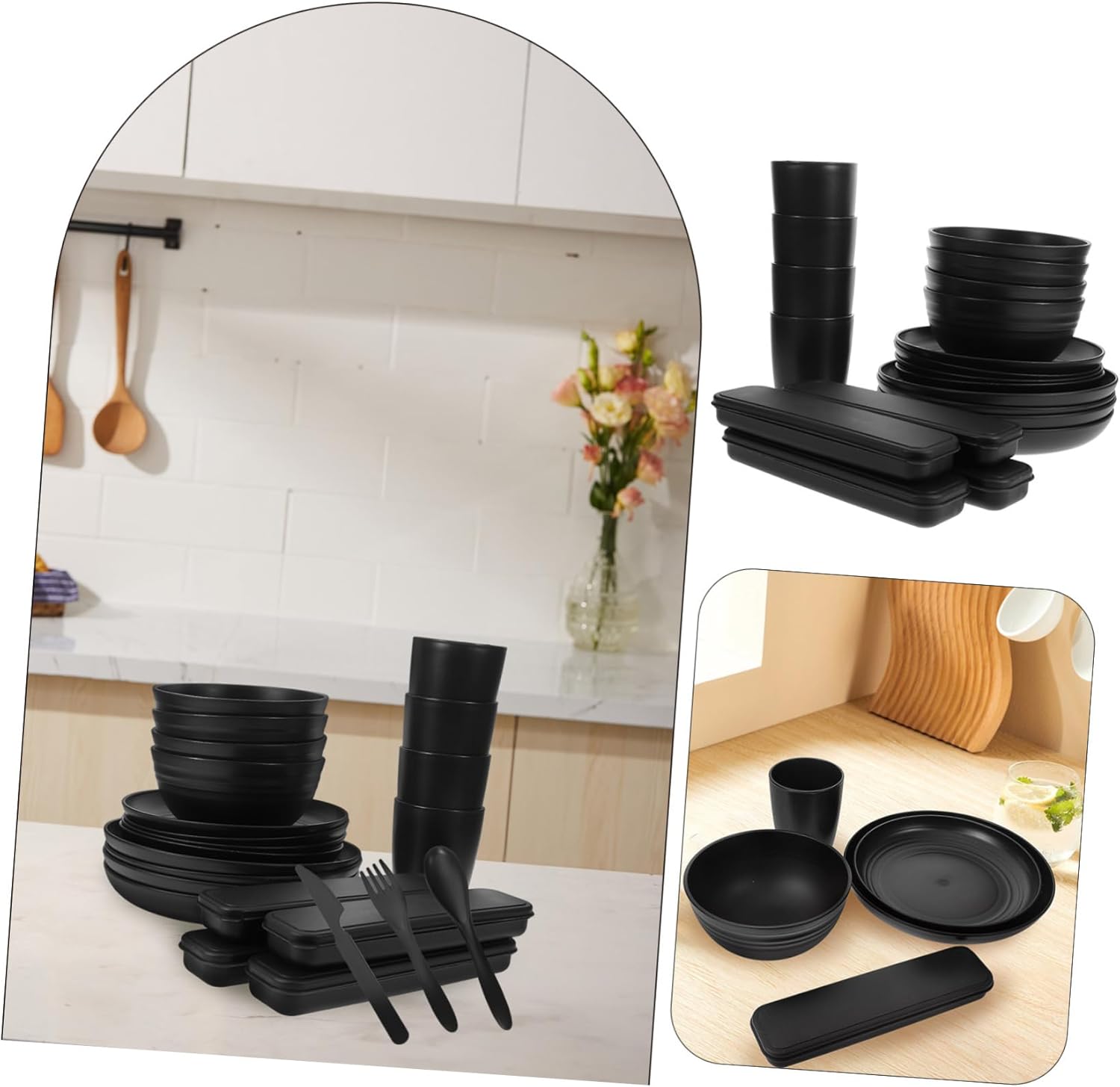 4sets Camping Cookware Cutlery Bowl Plate Cup Black Utensils Case for Outdoor Rv