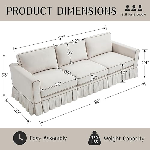 Miniatura 2 de CIMOTA Sofá de 89 pulgadas, sofá de 3 plazas para sala de estar, cómodo sofá modular con base con falda, asientos profundos, marco resistente, sofás