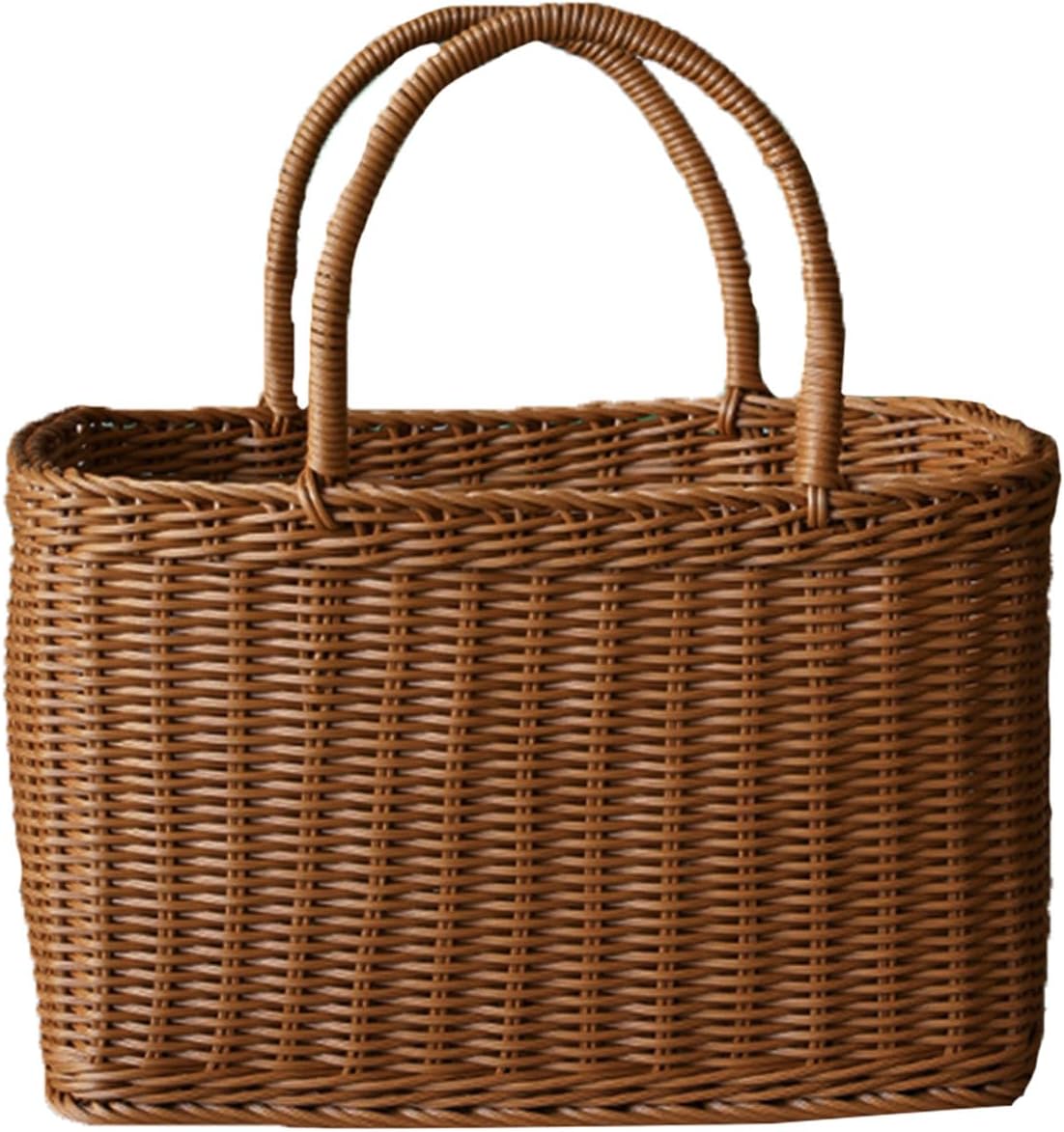 COHEALI Plastic Woven Basket with Handle, Decorative Flower Basket And Household Storage Container, Multipurpose Wicker for Picnic, Gardening, And Home Organization, Brown, 14. 8 X 7. 7 X 6. 7 Inch