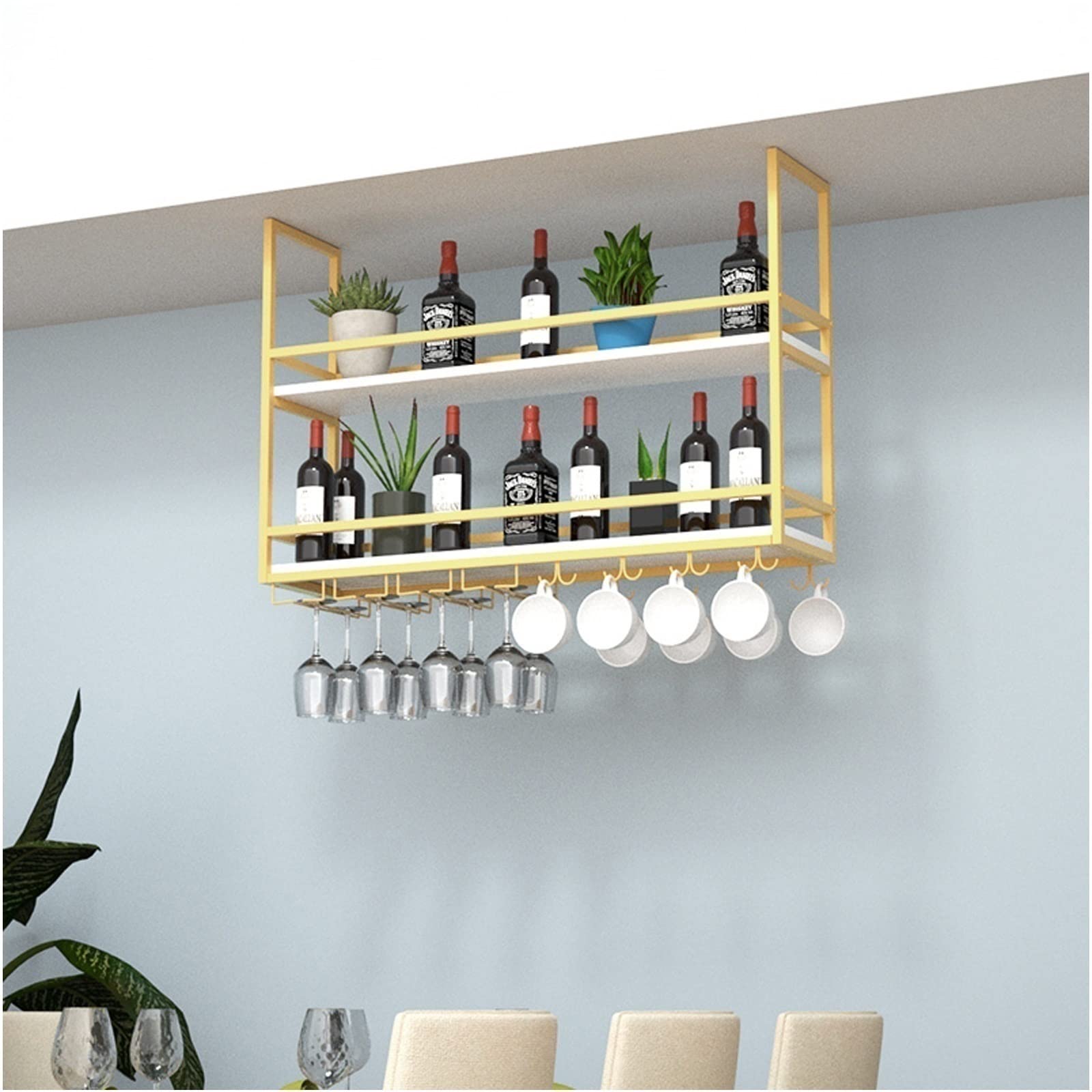 Support pour verres à vin et casier suspendu avec étagère pour plantes