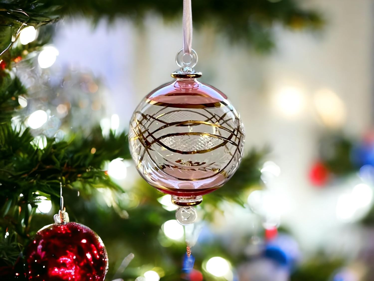 Engraved Pink and Clear Glass Christmas Ornament for Christmas Tree Decorations | Hanging Ornaments for Tree Decorations | Christmas Decor for Home | Ornaments for Summer Decoration | Egyptian Glass - Image 4