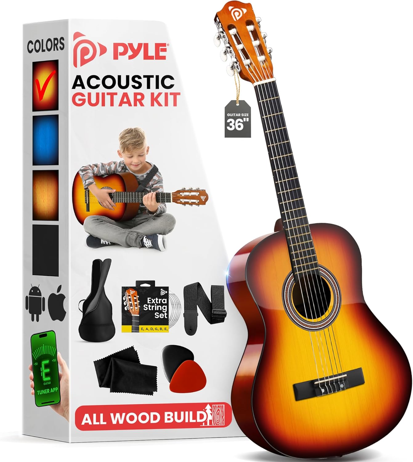 Pyle Beginner Acoustic Guitar Kit, 3/4 Junior Size All Wood Instrument for Kids, Adults, 36" Brown Gloss
