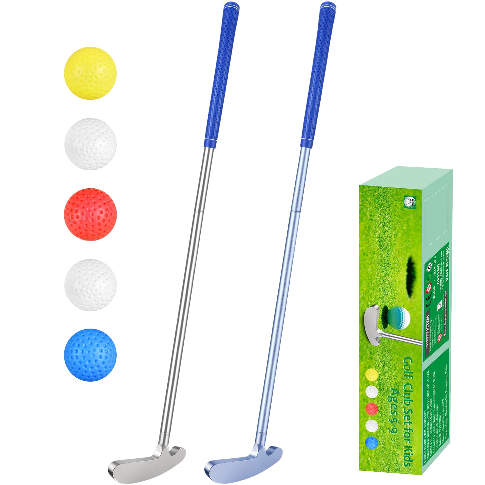 Kids Golf Clubs-6063 Aluminum Alloy Golf Putter for Kids Left Handed Golf Set, Indoor/Outdoor Two - Mini Golf Putters Golf Gifts for 5~9 Year Old Boys Girls & 5 Plastic Golf Balls-Silver&Blue