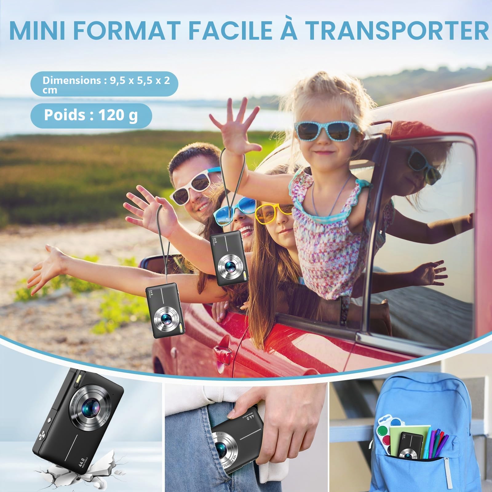 Appareil Photo Numérique 1080P 44MP Caméra Numérique avec 2.4" LCD Écran LED Lumière et 16X Zoom Numérique Rechargeable Appareil Photo Numérique Compacte pour Enfant Jeune Débutant