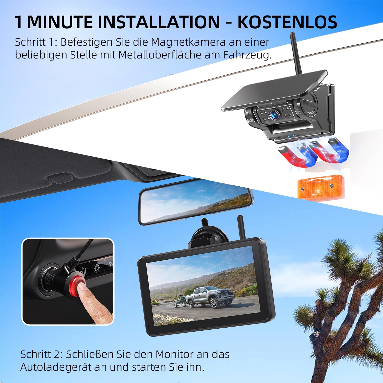 eRapta 2 Magnetisch Solar Rückfahrkamera Kabellos 7" 1080P Touchscreen Monitor 12000mAh Akku IP69K Wasserdicht für Wohnmobil Wohnwagen LKW