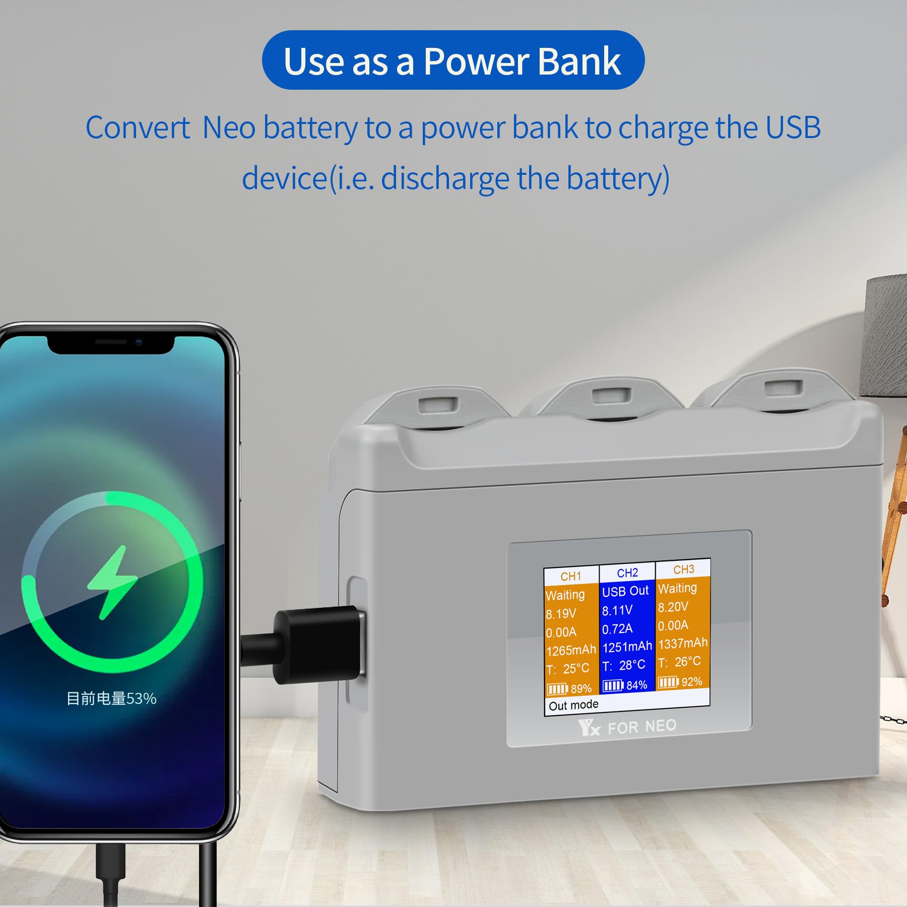 Dla DJI NEO, ładowarka 3-drożny menedżer szybkiego ładowania drona NEO Battery HUB z cyfrowym kolorowym ekranem informacyjnym.