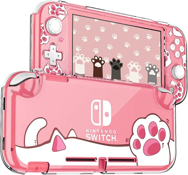 DLseego Protective Case for Switch Lite, Clear Hard PC Case Cover Split Design Shockproof Anti-Scratch Shell Accessories for Switch Lite and Joycon Controller - Cute Pink Cat Paw