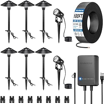 SUNVIE All-in-One LED Low Voltage Landscape Lighting Kit with Pathway Lights and Spotlights, 60W Photocell Transformer, 100ft Wire, Waterproof, 3000K