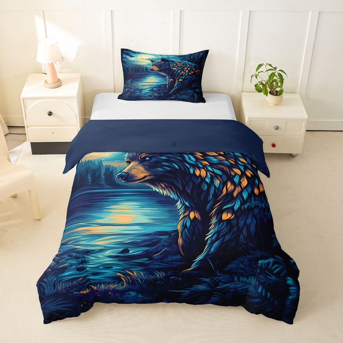 jejeloiu Bear Moon Duvet Cover Toddler Size Bear Night Moon Comforter Cover for Boys Girls Wildlife Bedding Set 2Pcs Room Decor