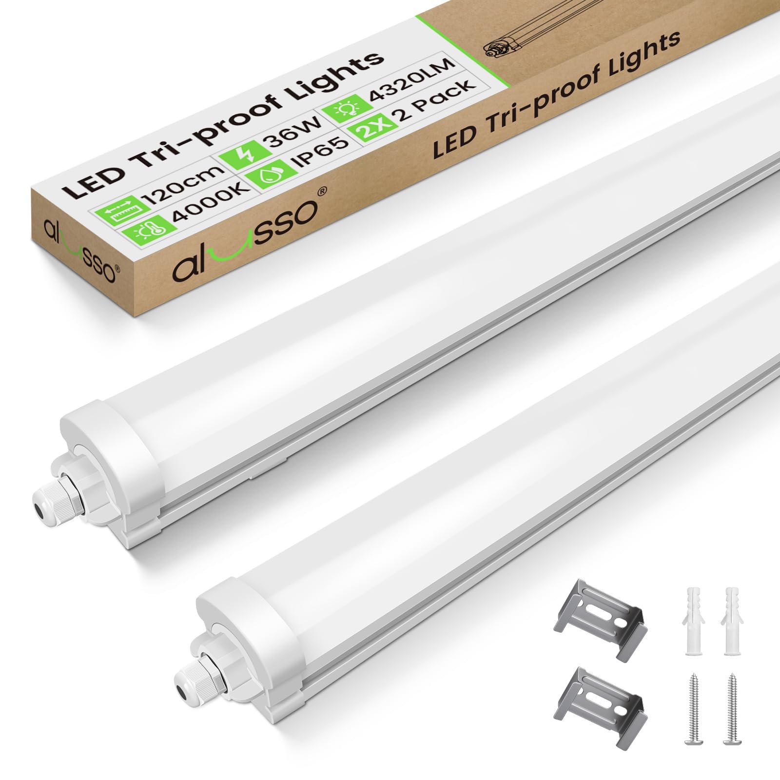 ALUSSO 2Pcs Pantalla LED Tubo Integrado 120CM,36W 4320LM Luminaria Led, 4000K IP65 Lámparas Light para Oficina Garaje Taller Sotano