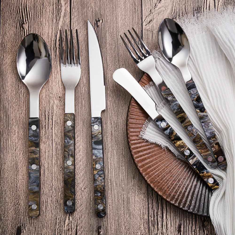 Acrylic Clamp Handle Kitchen Stainless Steel Silverware Tableware Flatware Cutlery Set Steak Knife Fork Spoon Teaspoon (Gray,20 pieces)