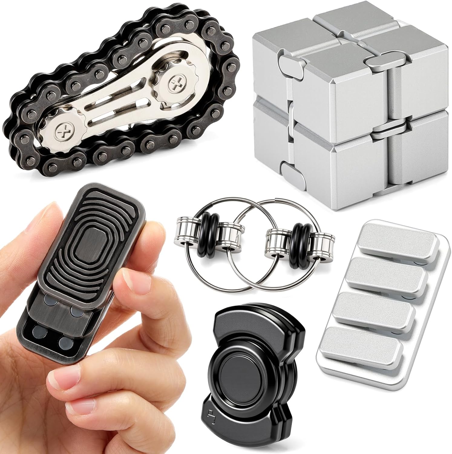 6 Pcs Adult Metal Fidget Toys Set Cool Gadgets for Stress Relief Hand Spinner, Slider Clicker, Gear Chain Finger Spinner, Bike Chain, Infinite Cube and Card Pusher Men Office Desk Toy Quiet