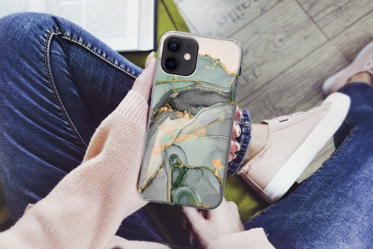 Funda para iPhone 12 - Oro - Mármol - Verde - Lujo - Purpurina - Aspecto de mármol - Funda de Silicona/Funda Blanda para teléfono móvil