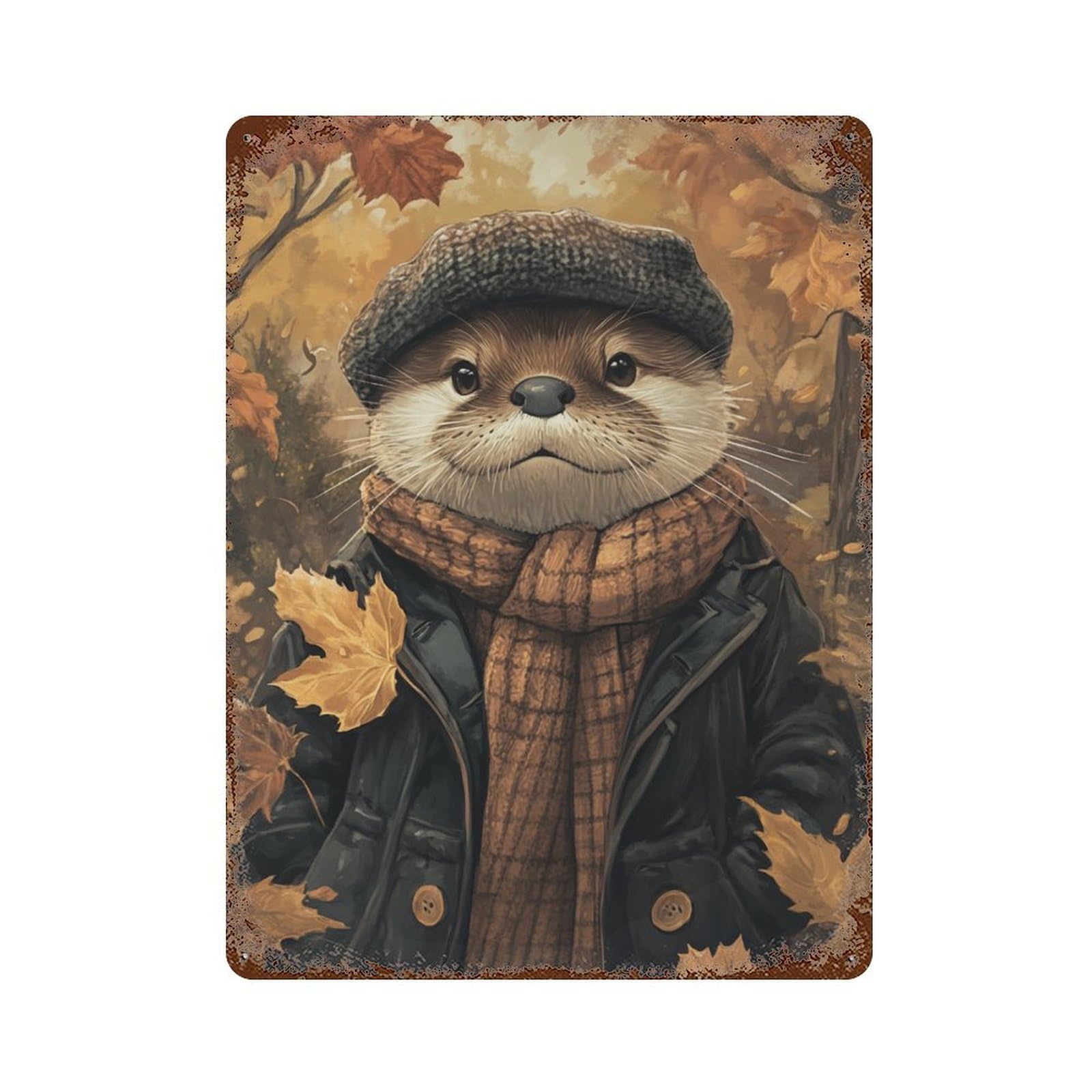 Autumn Otter in Plaid Rust Effect Tin Sign 15.7"x11.8", Industrial Home Decor for Basement, Hobby Room And Garage Decor