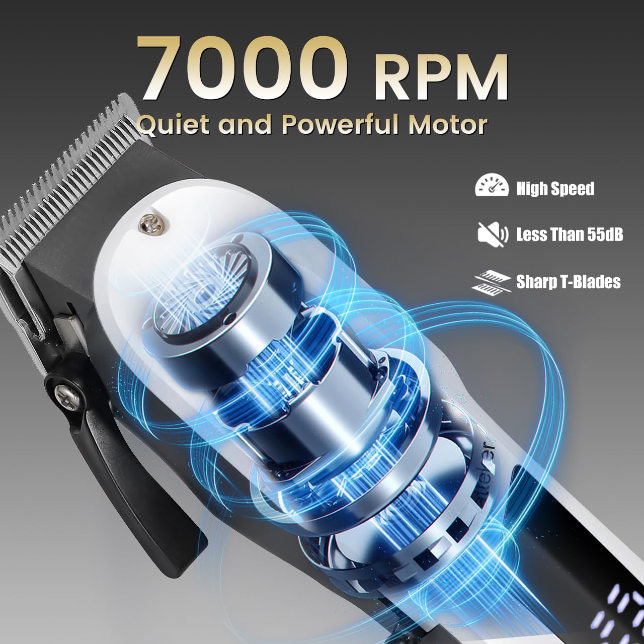 Diagram showing the internal 7000 RPM motor of the Hatteker HT-6112 hair clipper, highlighting its quiet operation (less than 55dB) and sharp T-blades
