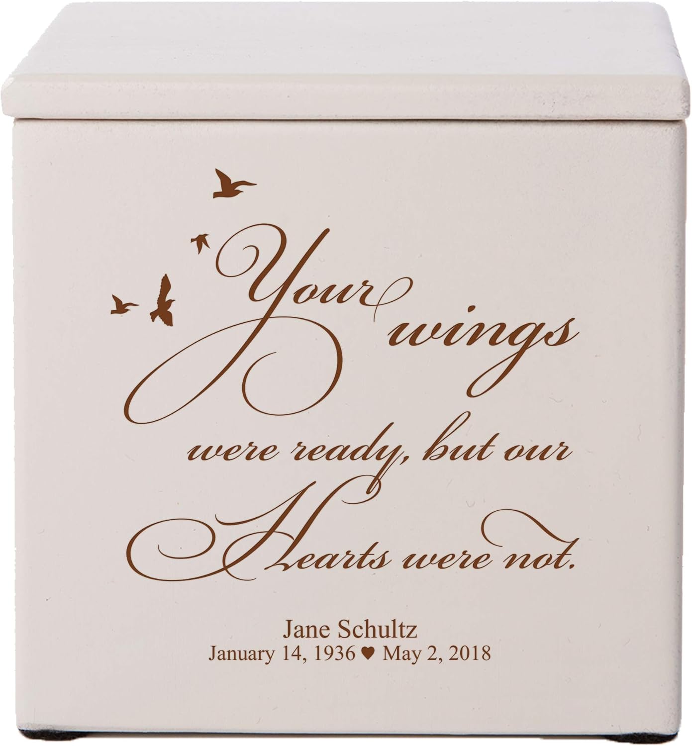 LifeSong Milestones Personalized Wooden Urn Keepsake box for Human Ashes for Loss of Loved One - Your Wings Were Ready Small Memorial Urn for Funeral Holds 49 cu.in - 4.5x4.5x4.75
