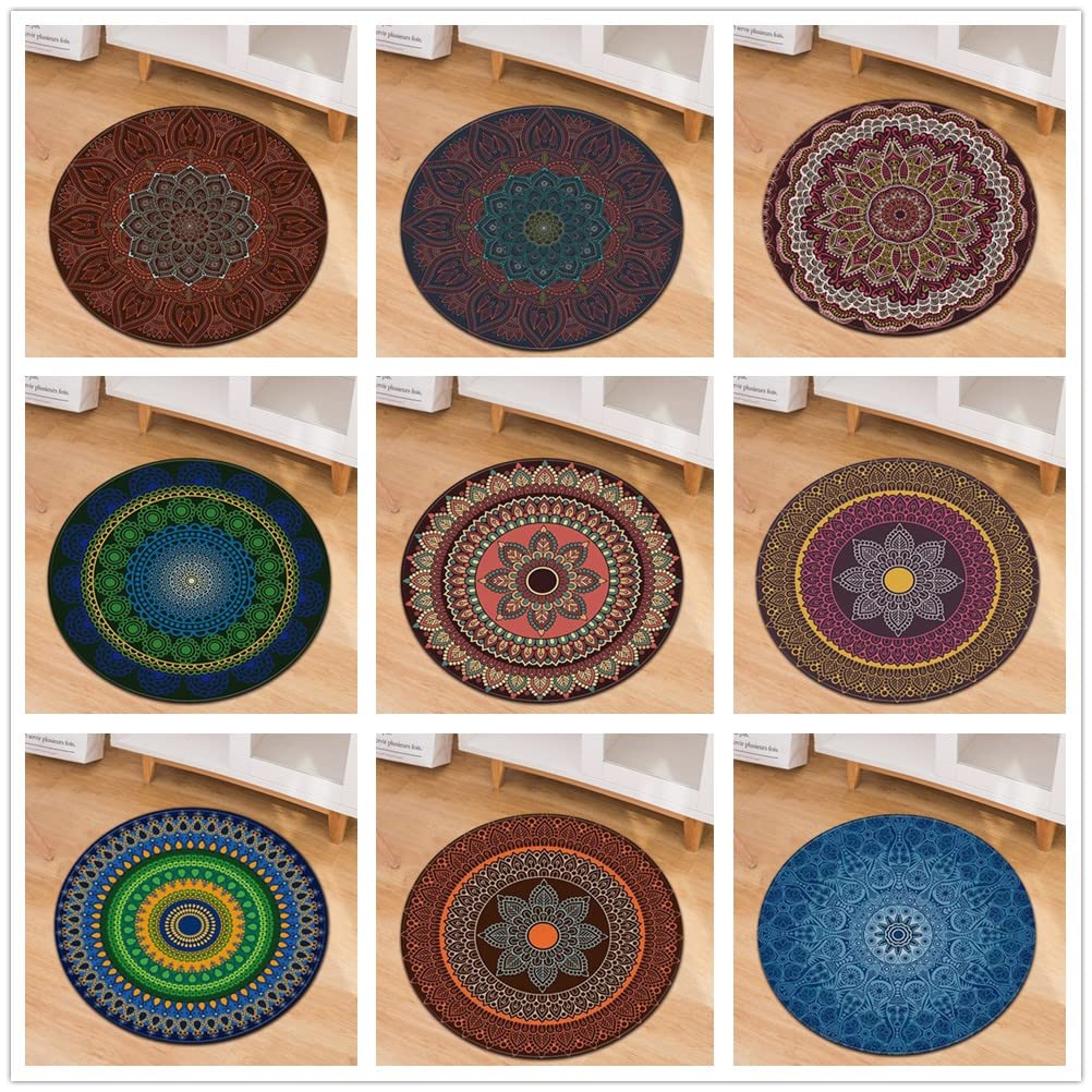 Morbuy Tapis Rond Lavable en Machine, Imprimé Mandala Vintage Interieur Anti Slip Chambre à Coucher Salon Tapis d'Entrée Absorbant Antidérapant (160cm,Style Ethnique)
