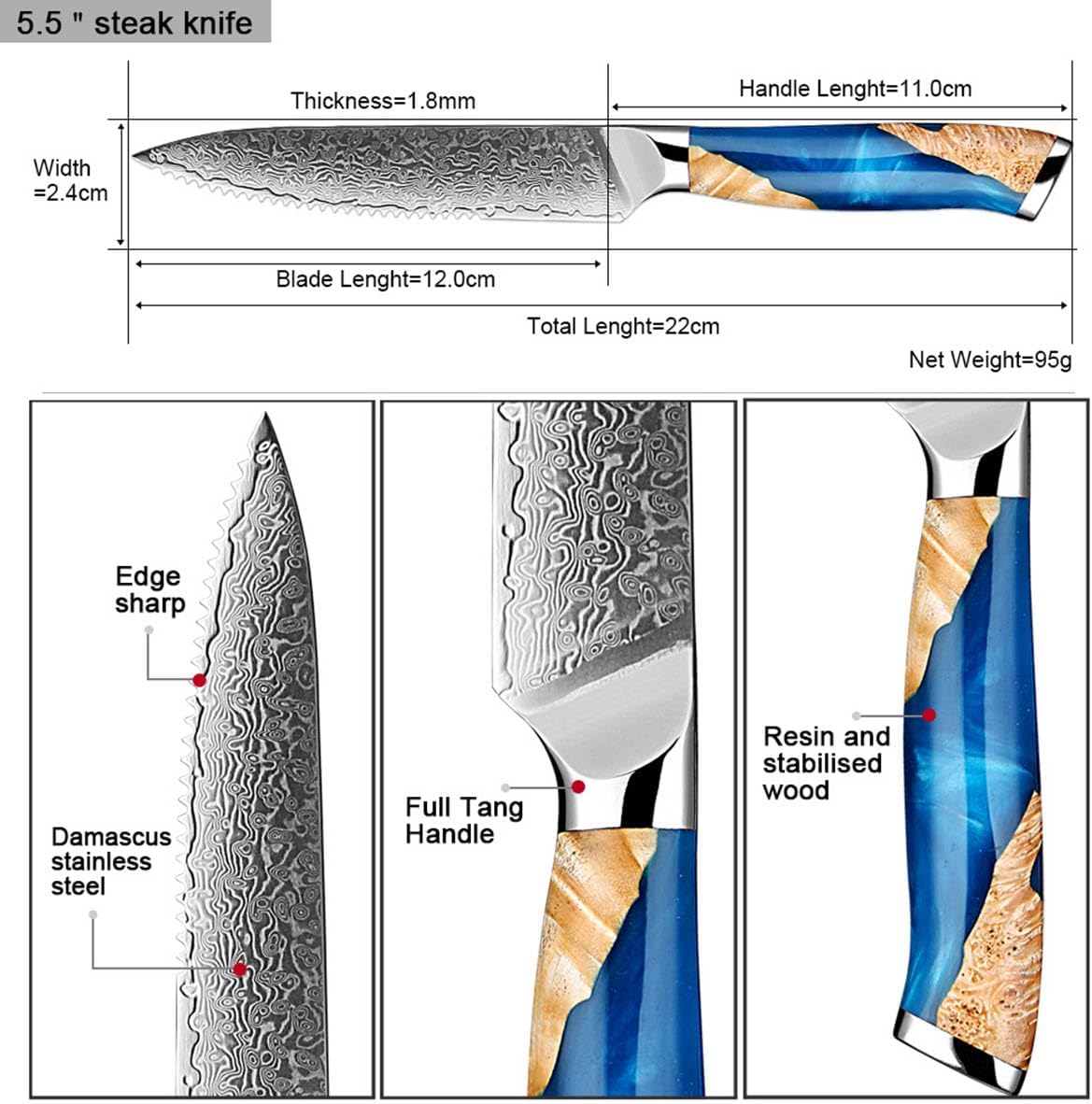 8-Piece Damascus Steel Steak Knife Set,Stainless Steel Serrated Steak Knife Set with Resin Wood Handle,Ideal for Table Dinners and Fruit Pairing,Exquisite Box Package