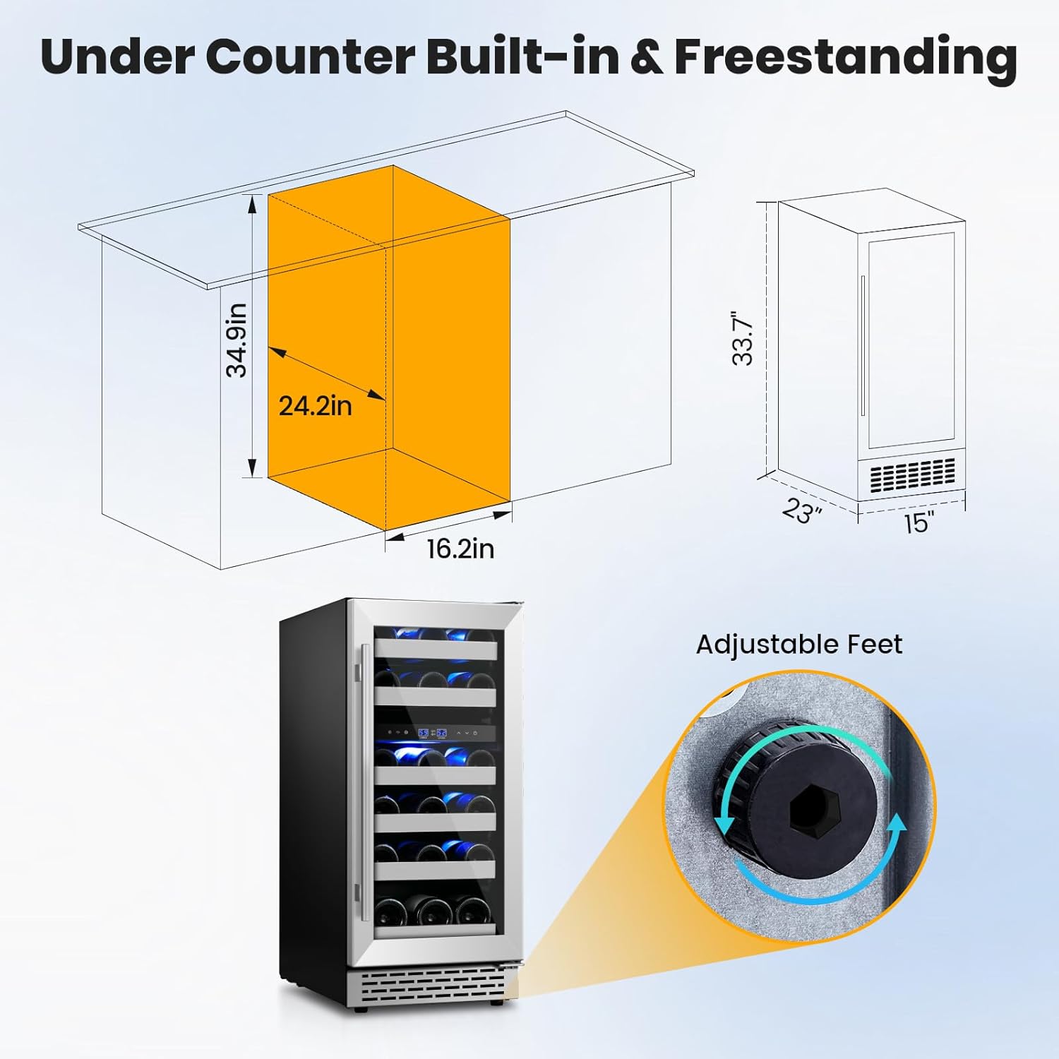 Wine Fridge Freestanding,15 Inch Wine Cooler Under Counter,28 Bottle Built-in Dual Zone Wine Refrigerator with Stainless Steel Reversible Door for Home and Kitchen