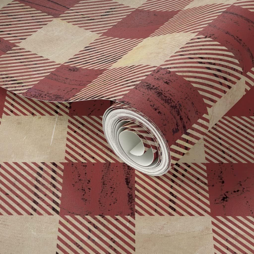 Peel & Stick Wallpaper 3ft x 2ft - Buffalo Plaid Rustic Red Earthy Brick Weathered Look Distressed Tan Mountain Lumberjack Custom Removable Wallpaper by Spoonflower
