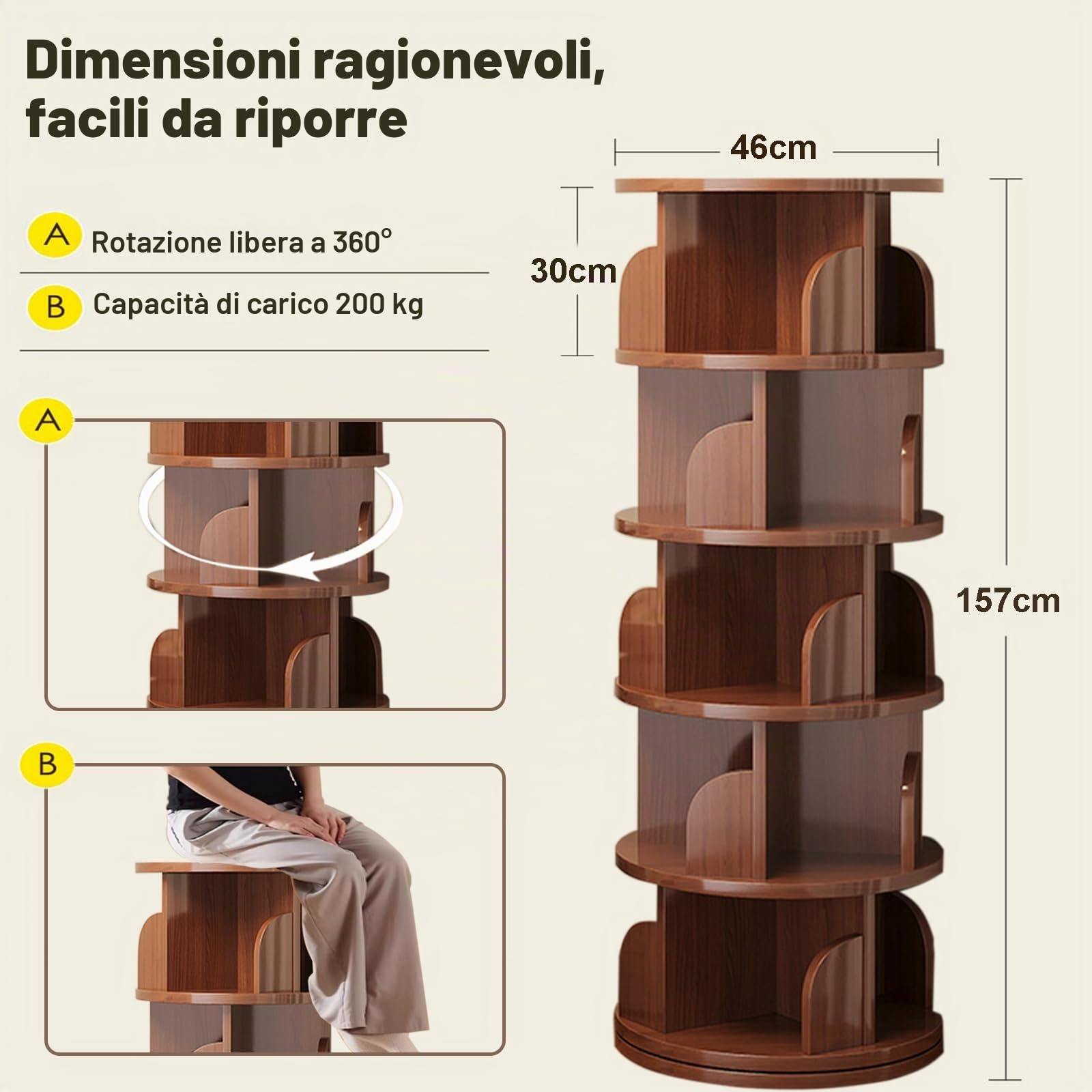 Libreria Girevole 360 Gradi 5 Ripiani, Libreria Girevole Bambini, Libreria Verticale, Scaffale per Libri Stretto in Legno per Camera da Letto, Soggiorno (46x46x157 cm, Marrone)