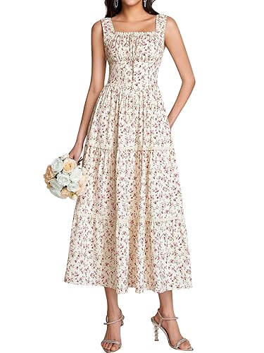 KUTUMAI Floral Corset Milkmaid Midi Dress Flowy Lace Tiered Cottagecore