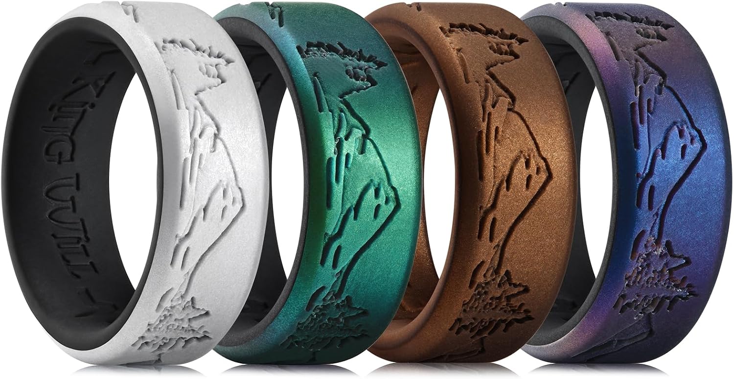 King Will 4 Pcs Silicone Ring for Men Women, Breathable Silicone Wedding Band with Mountain Design, Flexible Rubber Ring Comfort Fit for Gym Work Outdoor