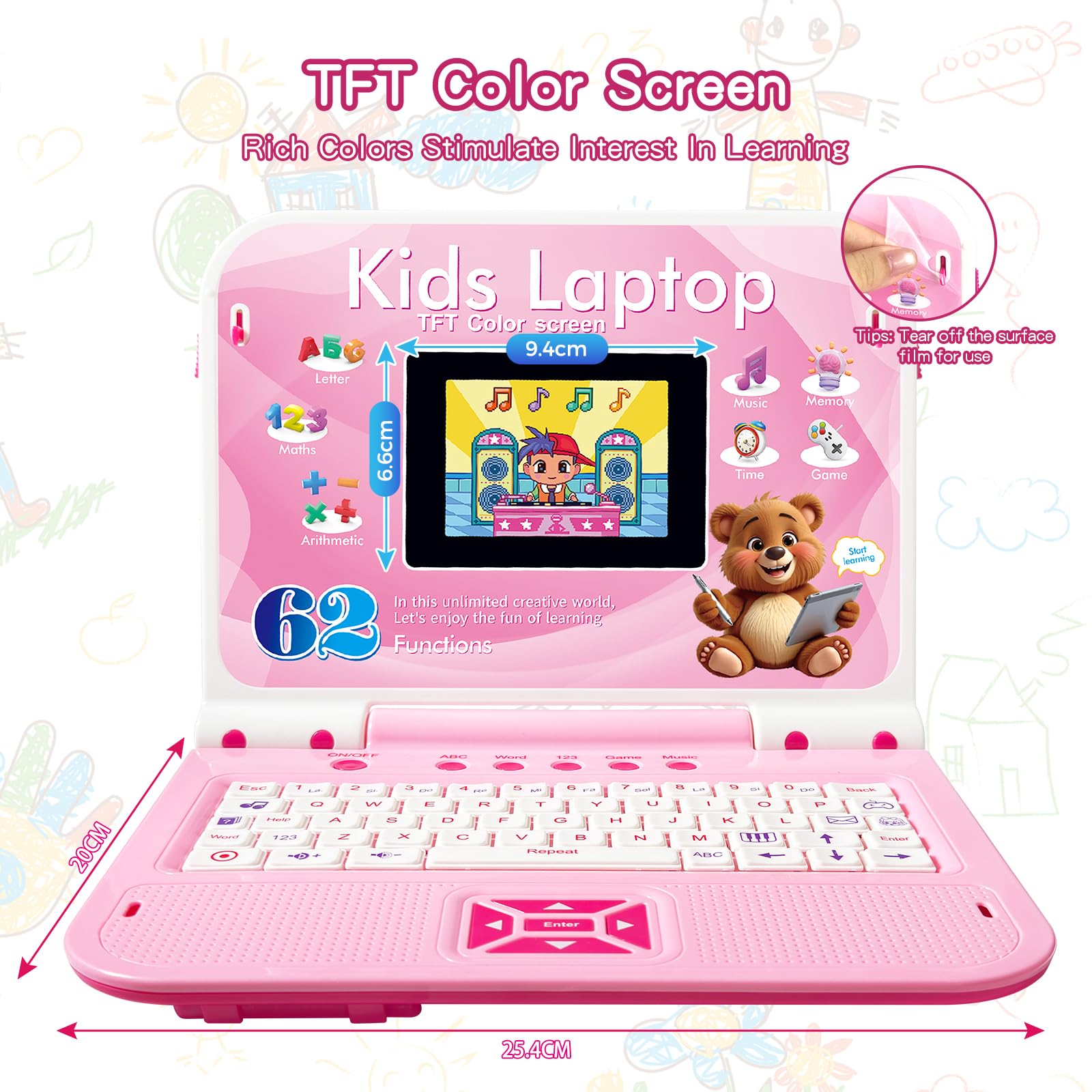 Ordinateur Enfant Portable Anglais : Écran Couleur, 62 Activités (Mots, Mathématiques, Jeux), Souris - Jouet Fille 5 Ans