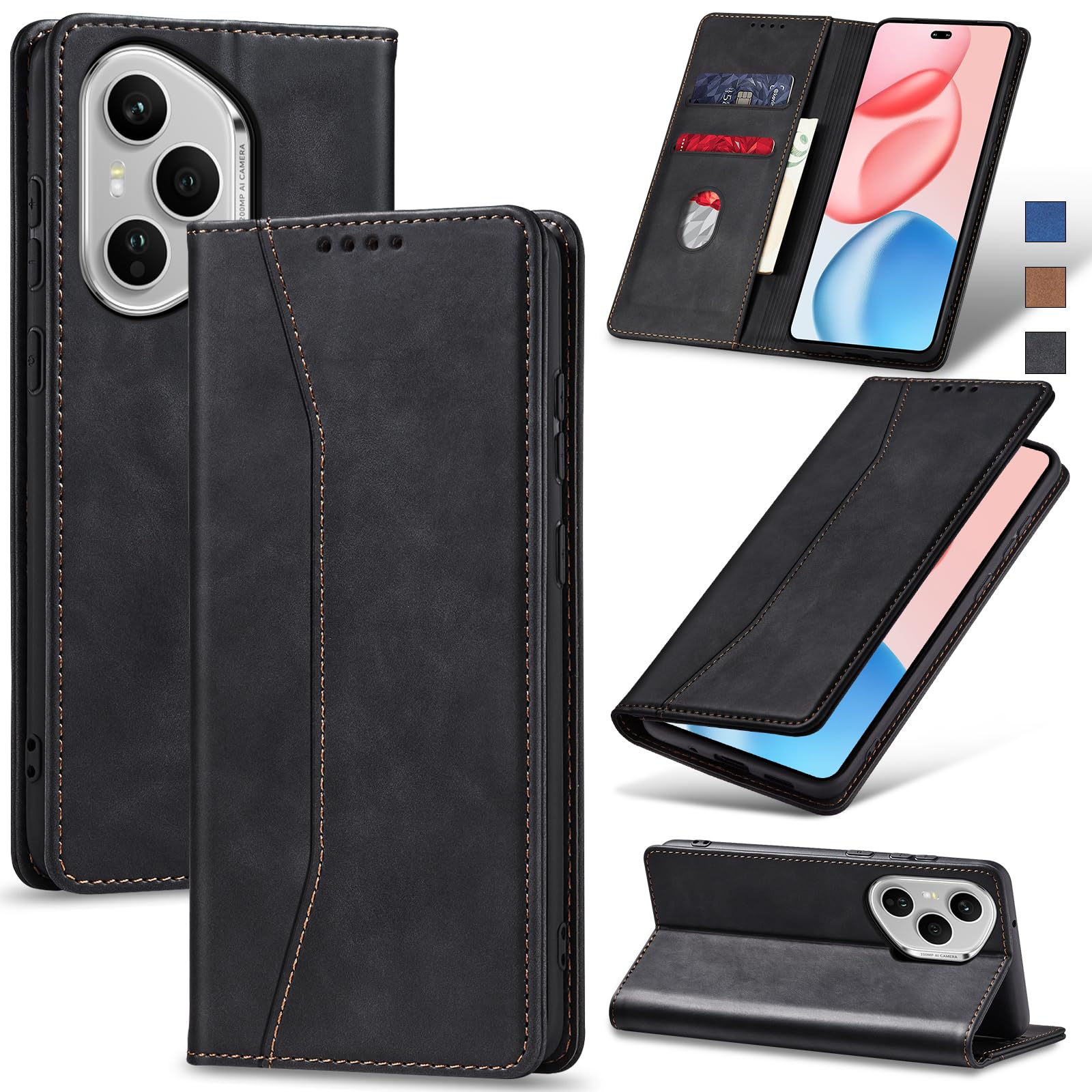 Jasonyu Handyhülle für Honor 400 Pro Hülle Leder Flip Klappbare Stoßfeste Magnetische Premium PU Leder Standfunktion Kartenfächern Schutzhülle Klapphülle,Schwarz
