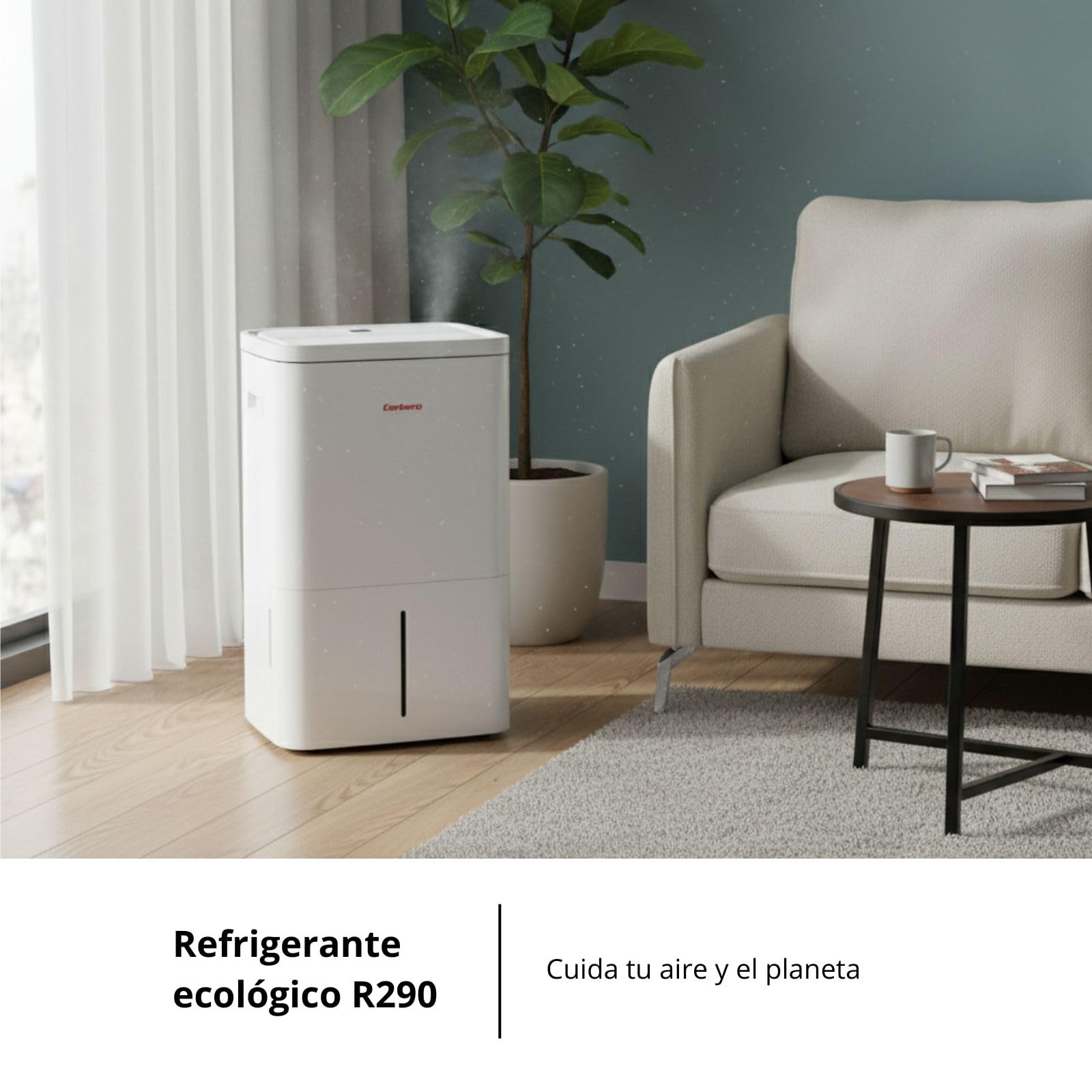 Osuszacz powietrza Corberó | CDG80 | Pojemność 80 l/dzień | Zbiornik 10 l | Ciągły drenaż | Automatyczne wyłączanie | Ekologiczny czynnik chłodniczy R290 | Wysoka wydajność | biały
